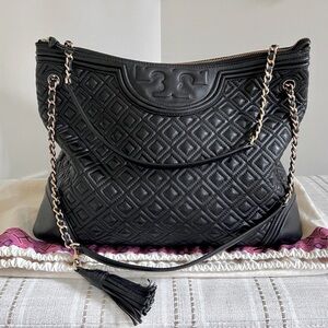 Tory Burch , Black Leather, Fleming Tote